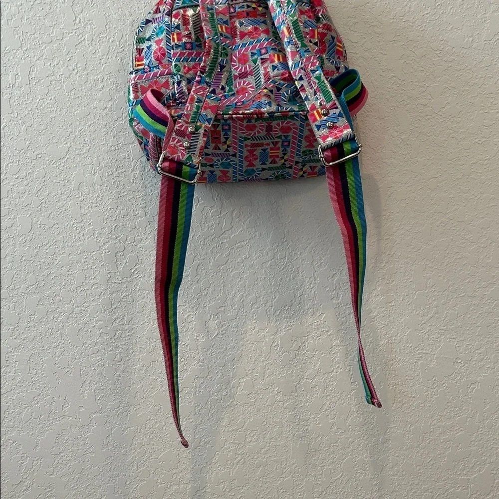 Bari Lynn Geometric Candy Print Shimmer Small Backpack Rainbow Straps